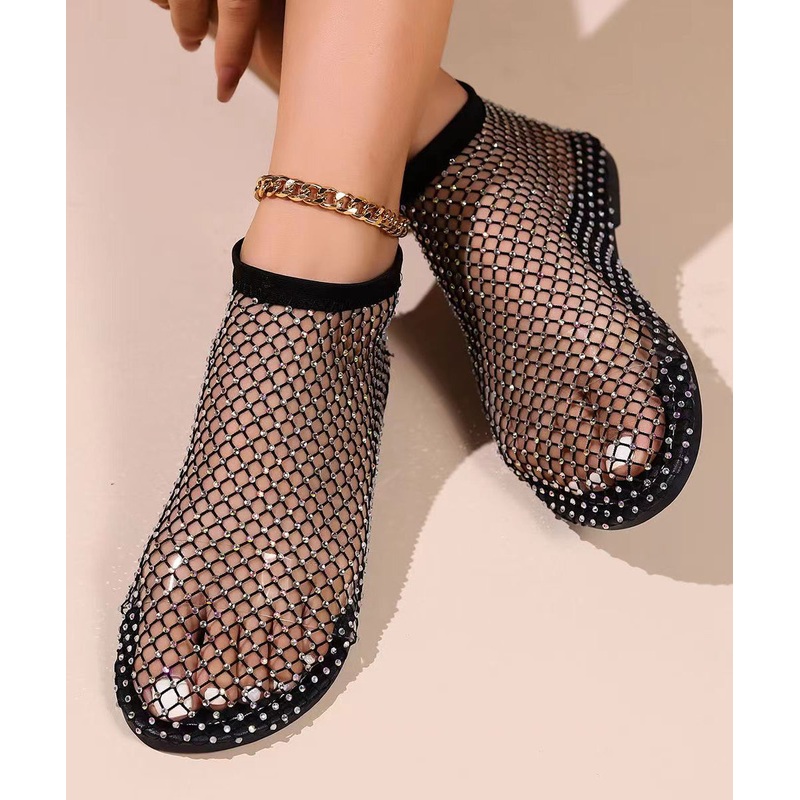 Black Hollow Out Zircon Flat Sandals Breathable Mesh 2024 New