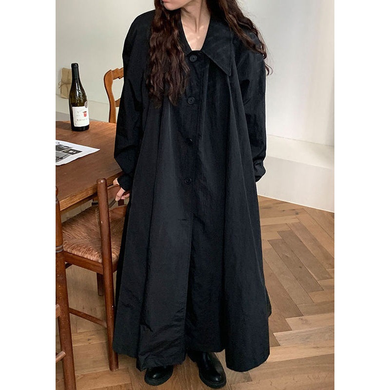 Black Solid Cotton Blouse Dress Peter Pan Collar Long Sleeve