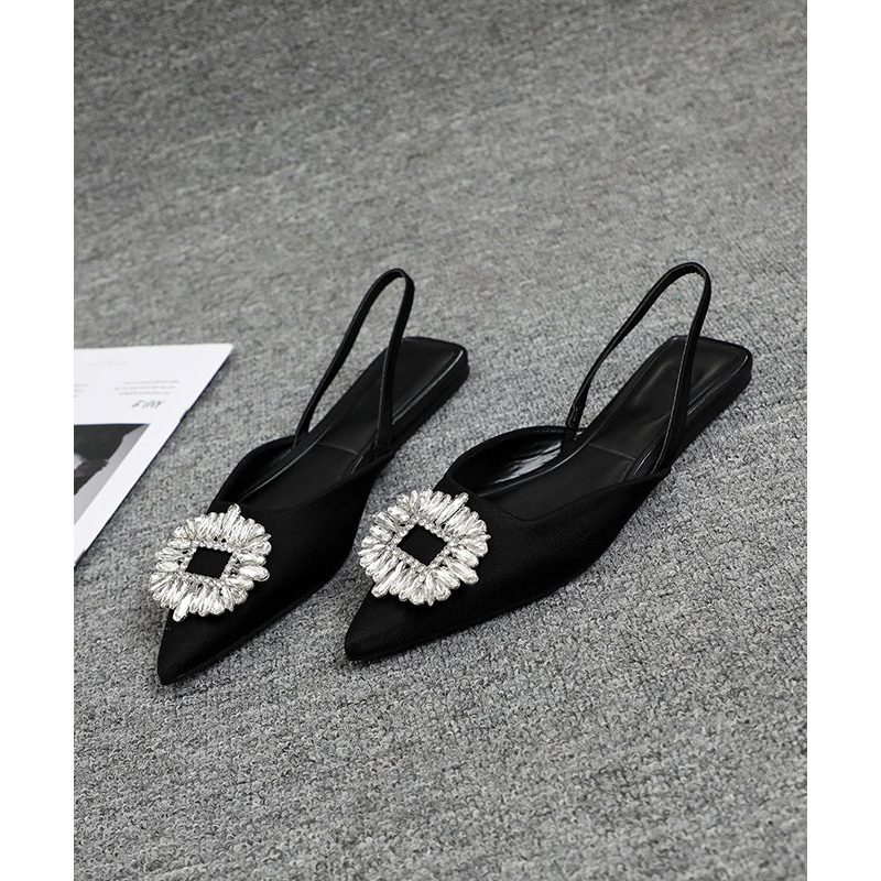 Black Zircon Faux Leather Comfy Walking Sandals Pointed Toe