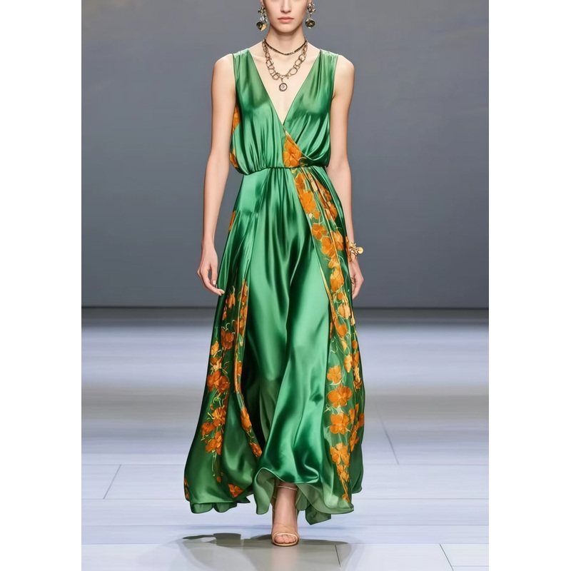 Bohemian Peacock Green V Neck Print Silk Holiday Dress Sleeveless