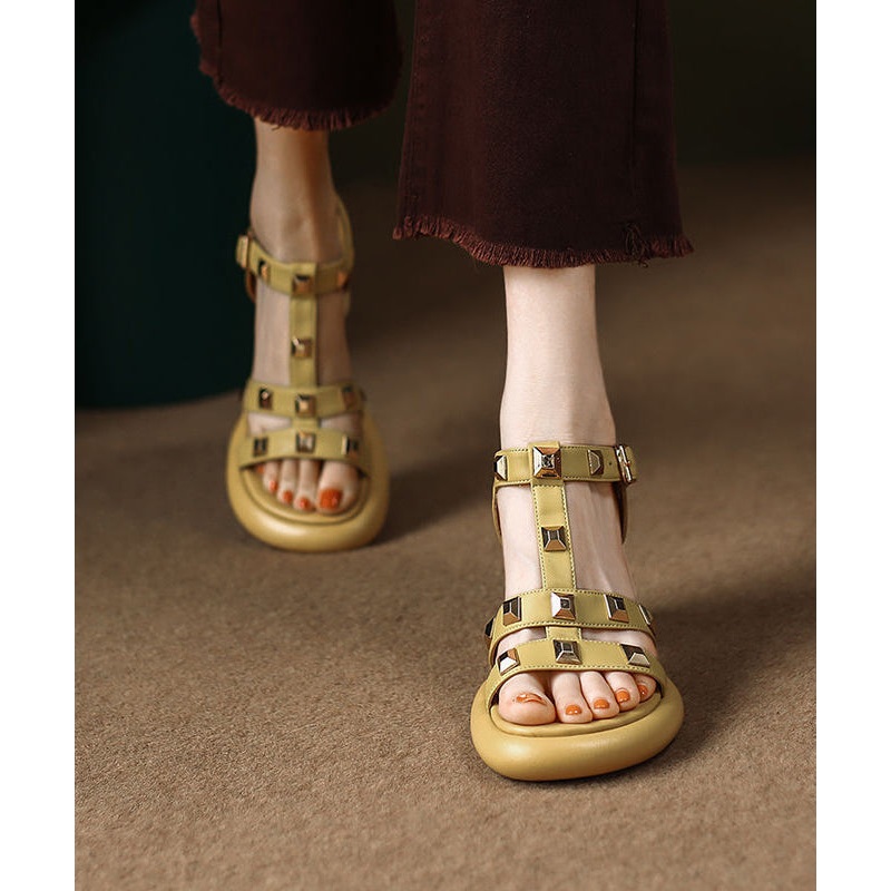 Casual Yellow Rivet Sandals Buckle Strap Chunky Sandals