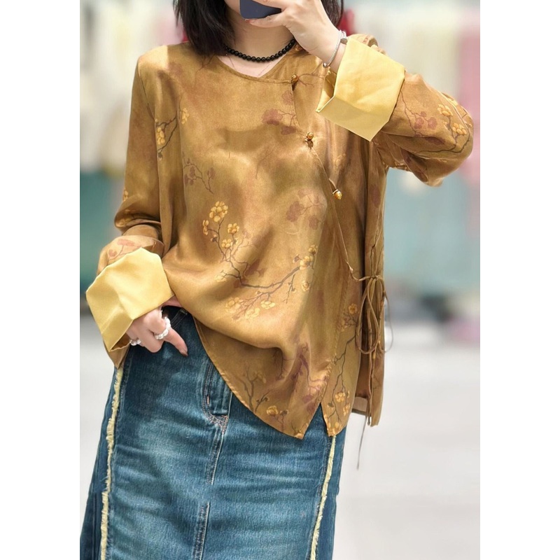 Chinese Style Yellow Button Print Lace Up  Silk Shirt Long Sleeve