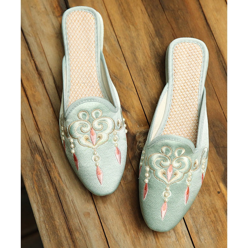 Comfy Light Green Embroidered Pearl Cotton Fabric Slide Sandals