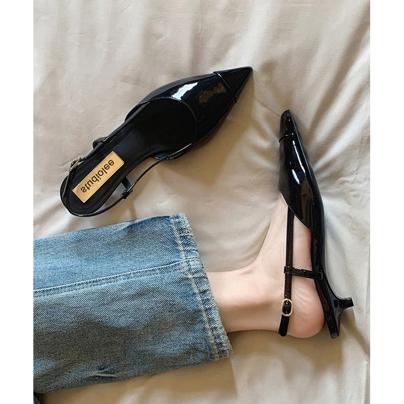 Fashion Kitten Sandals Black Cowhide Leather Hollow Out Pointed Toe