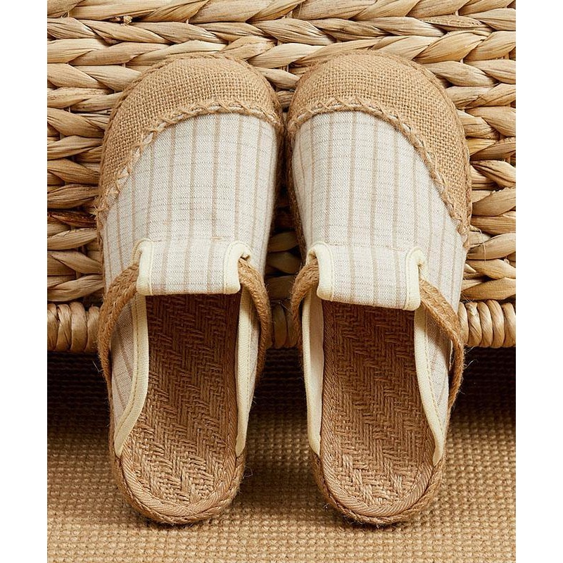 Fitted Slippers Shoes Beige Striped Cotton Linen Fabric
