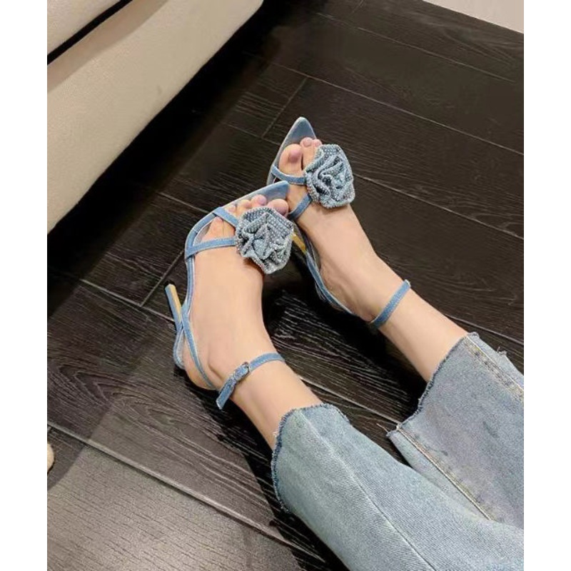 French Rose Floral Stiletto Sandals Denim Blue Sandals