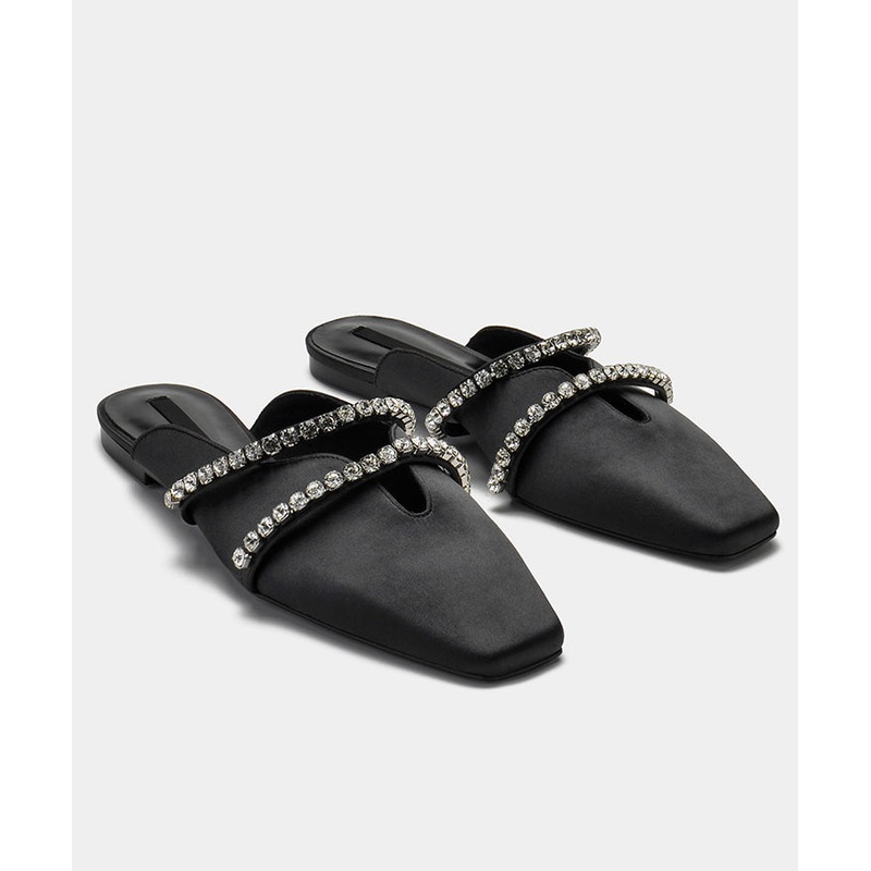 French Zircon Splicing Black Satin Slide Sandals