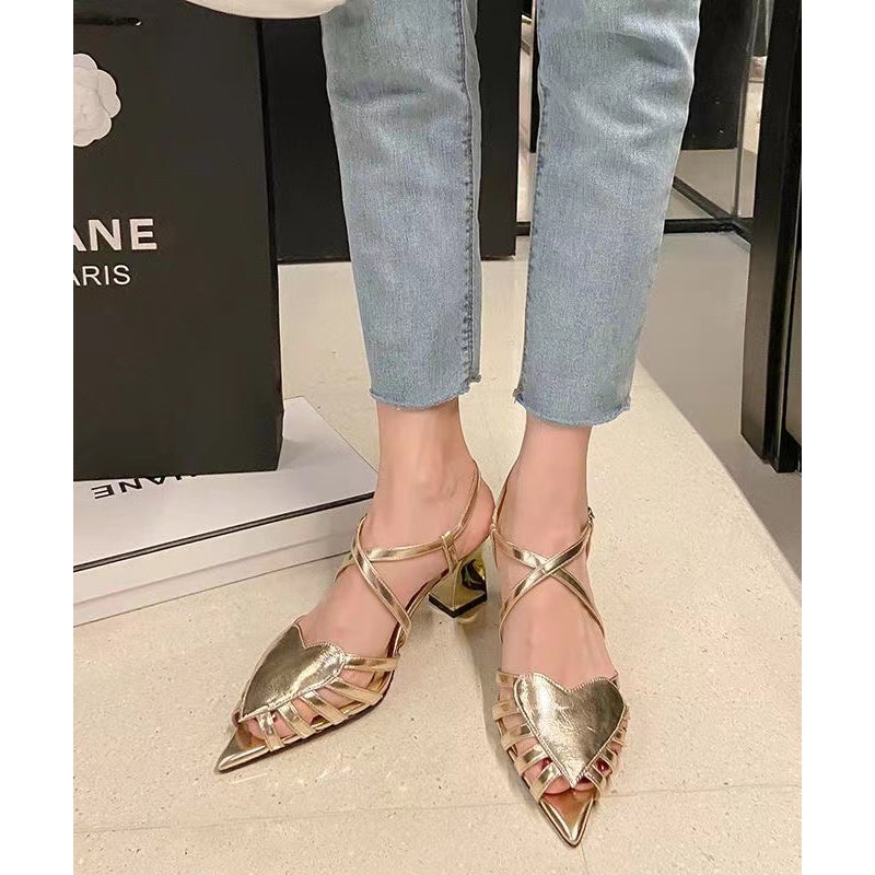 Gold Chunky Cowhide Leather Heart French Hollow Out Sandals
