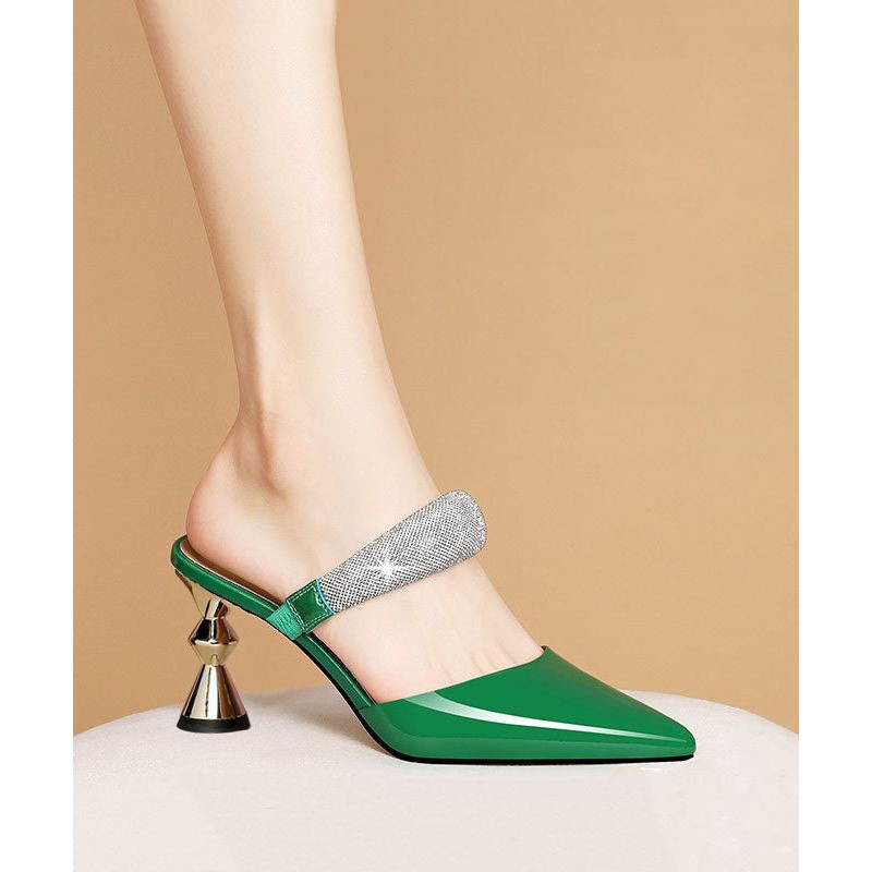 Green Stiletto Cowhide Leather Fitted Pointed Toe High Heel Slippers