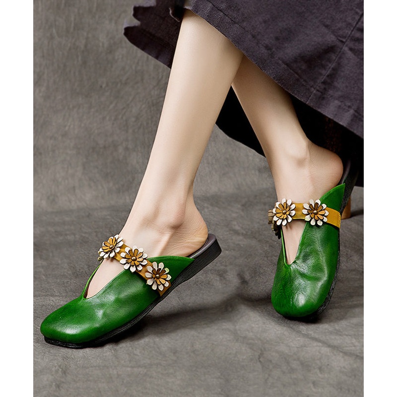 New Ethnic Style Green Floral Cowhide Leather Flats Slide Sandals