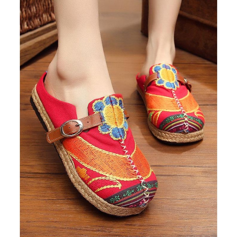 Red Cotton Linen Embroidered Fabric Vintage Buckle Strap Thong Sandals