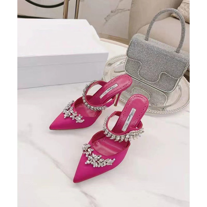 Rose Stiletto Satin Zircon New Slide Sandals Pointed Toe