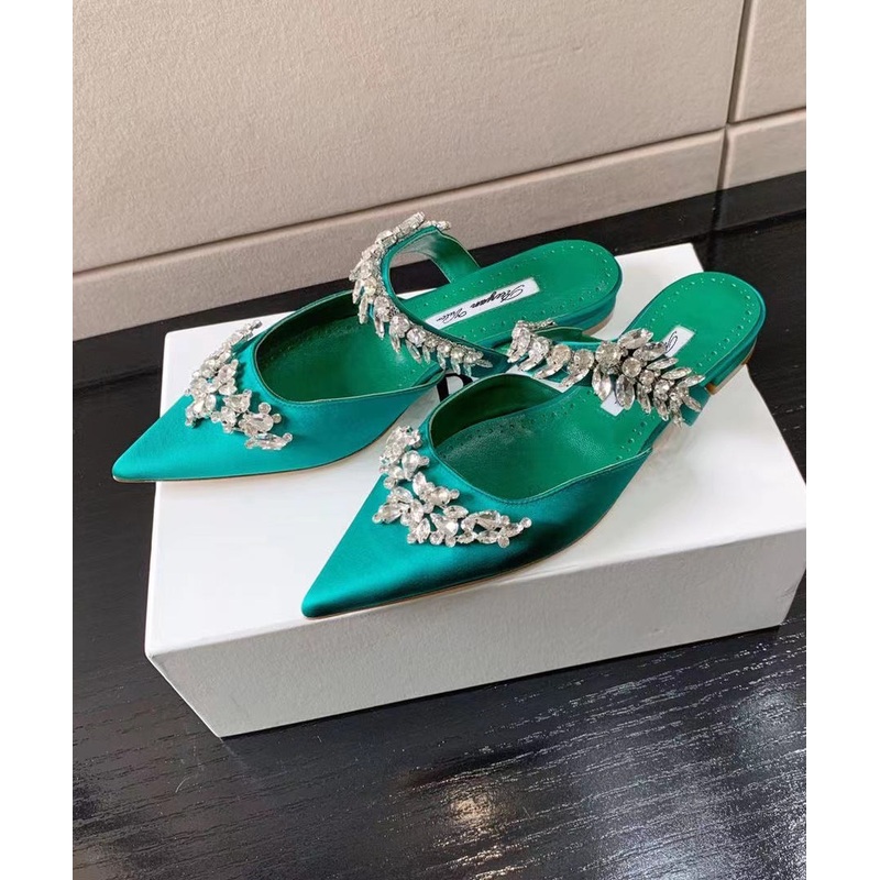 Stylish Comfortable Green Zircon Satin Flat Slide Sandals Pointed Toe