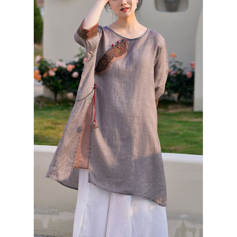 Vintage Light Purple Side Open Tasseled Linen Shirt Half Sleeve