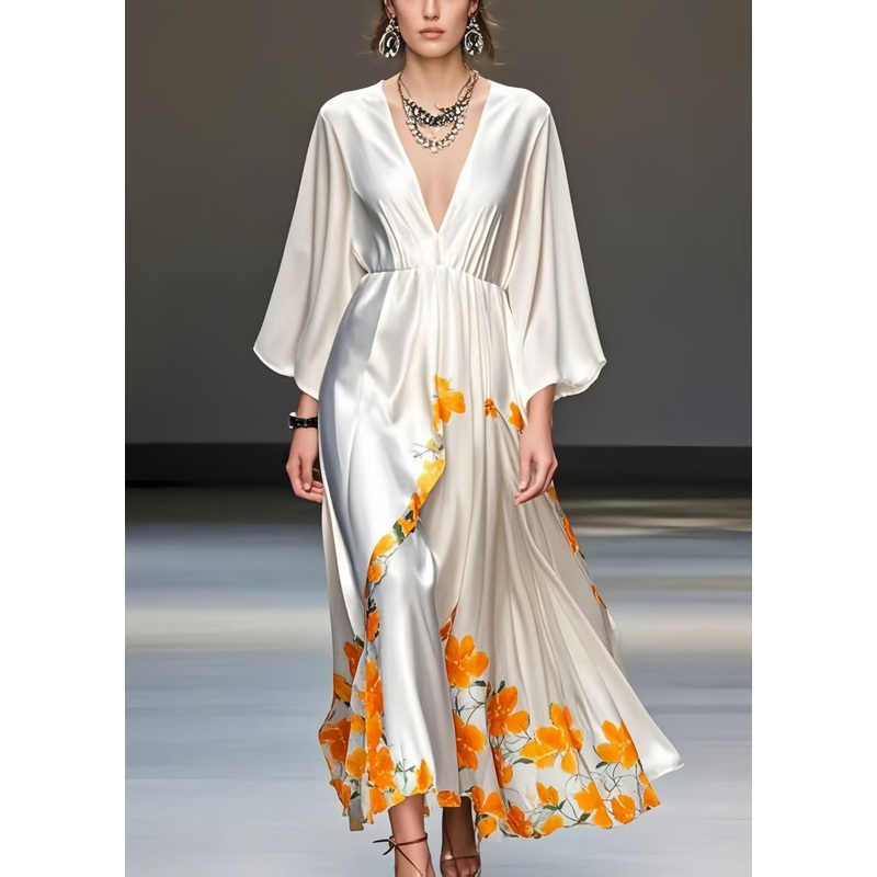White Print Draping Silk Vacation Dresses V Neck Spring