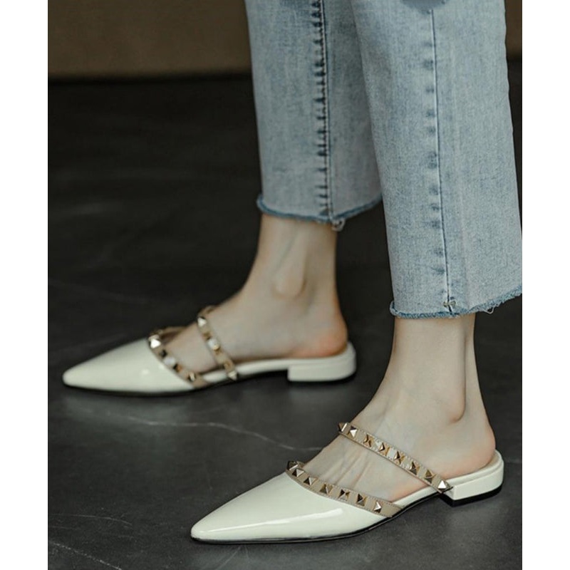 White Rivet Pointed Toe Cowhide Leather Chic Slide Sandals