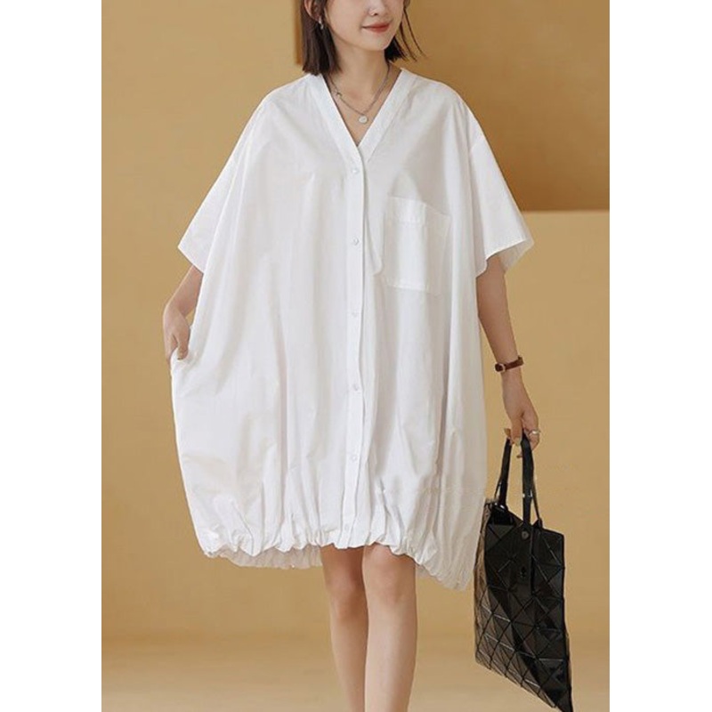 White Wrinkled Pockets Cotton Blouses Mid Dress V Neck Summer
