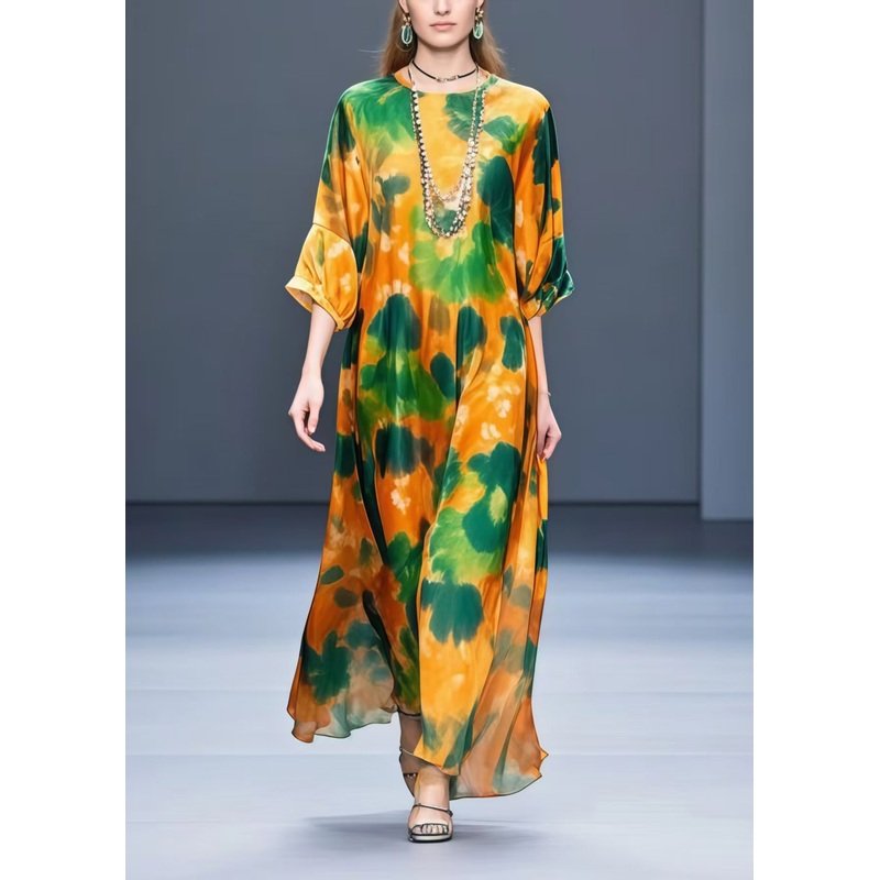 Women Orange Oversized Leaf Print Chiffon Dress Half Sleeve