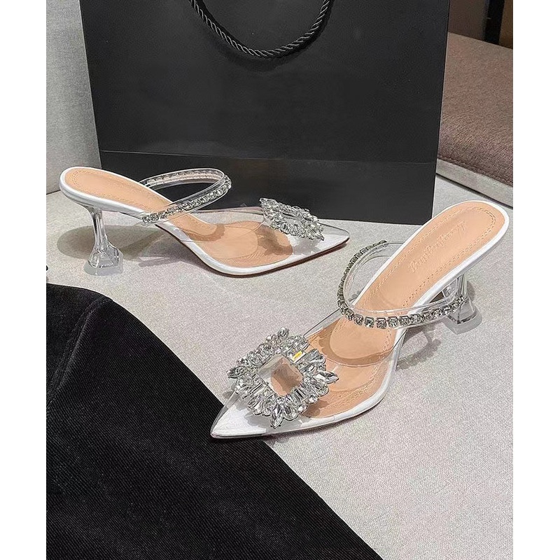 Zircon Transparent High Heel Slide Sandals Fashionable One Word Strap