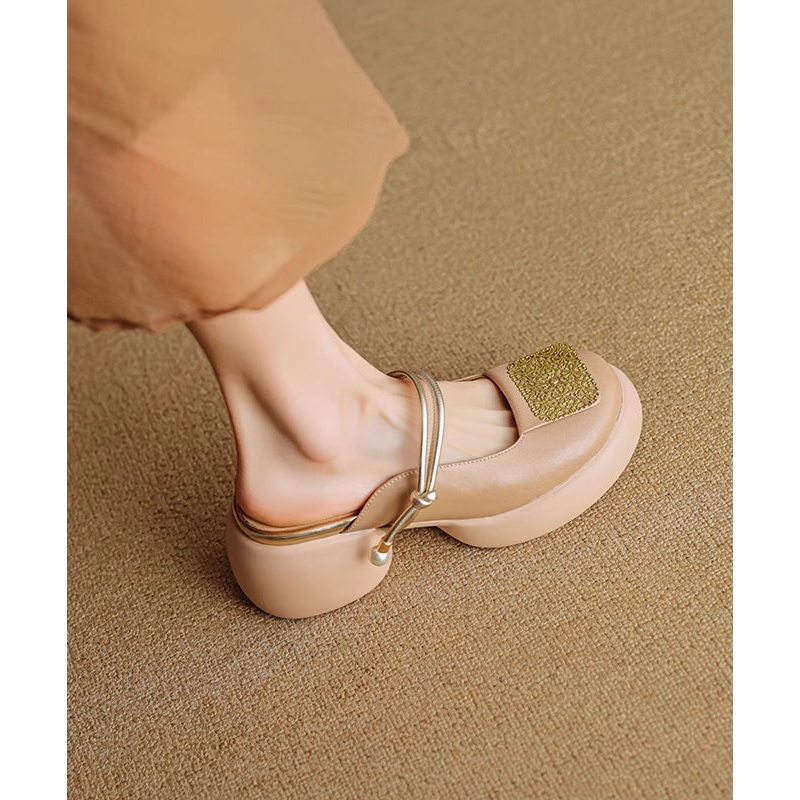 Apricot Chunky Heel Faux Leather Splicing New Slide Sandals