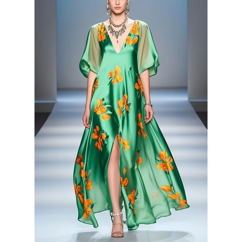 Beautiful Peacock Green Print Side Open Silk A Line Dresses Summer