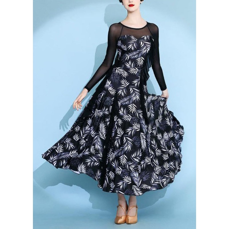 Black Tulle Patchwork Chiffon Long Dresses O Neck Long Sleeve