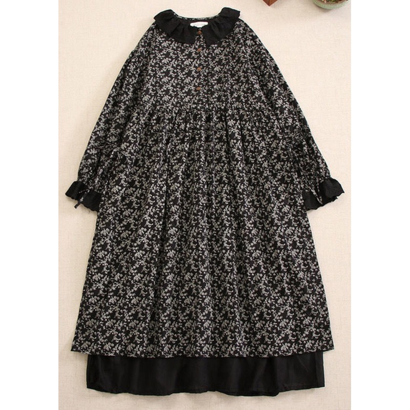 Black Wrinkled Button Cotton Dress Peter Pan Collar Spring