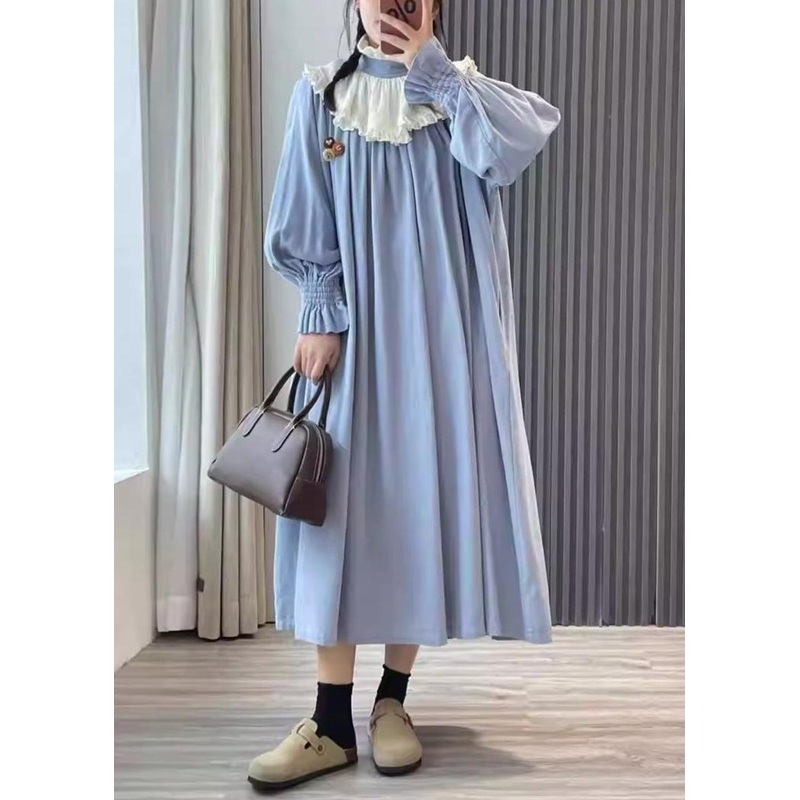 Blue Pockets Cotton Dress Peter Pan Collar Long Sleeve