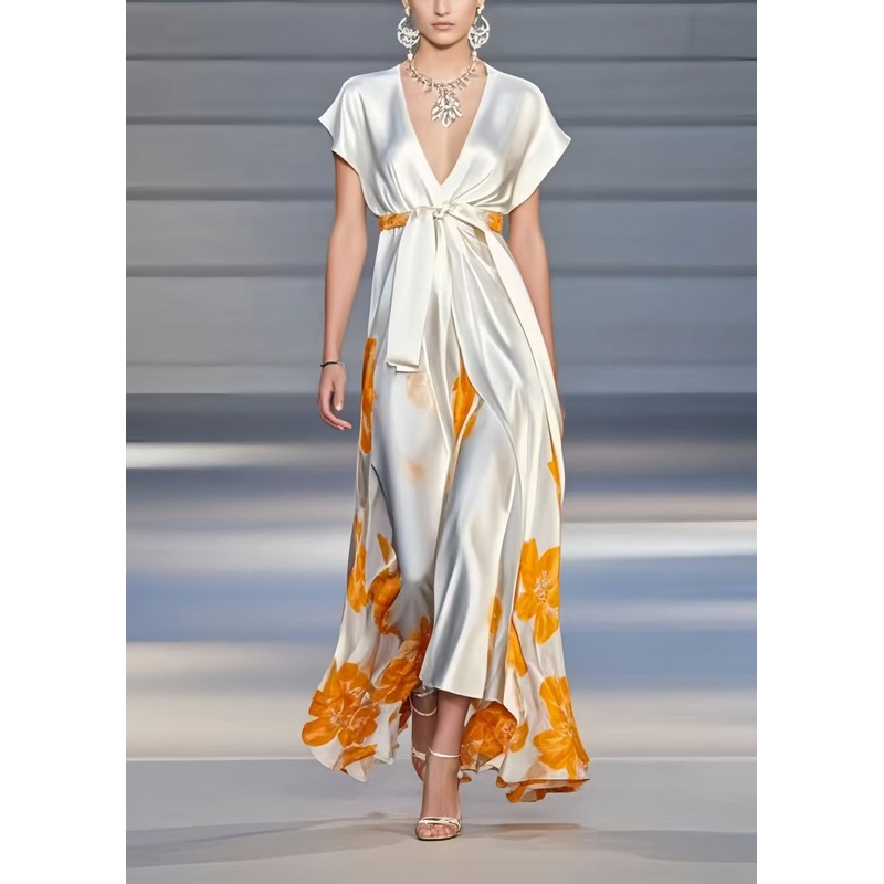 Bohemian White V Neck Print Silk Cinched Dress Summer