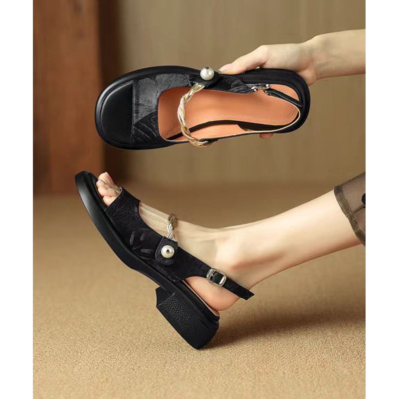 Comfy Black Buckle Strap Splicing Chunky Sandals Peep Toe