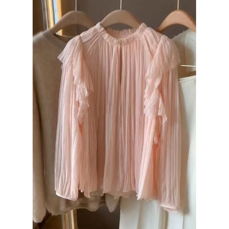 Elegant Pink Ruffled Solid Patchwork Chiffon Tops Long Sleeve
