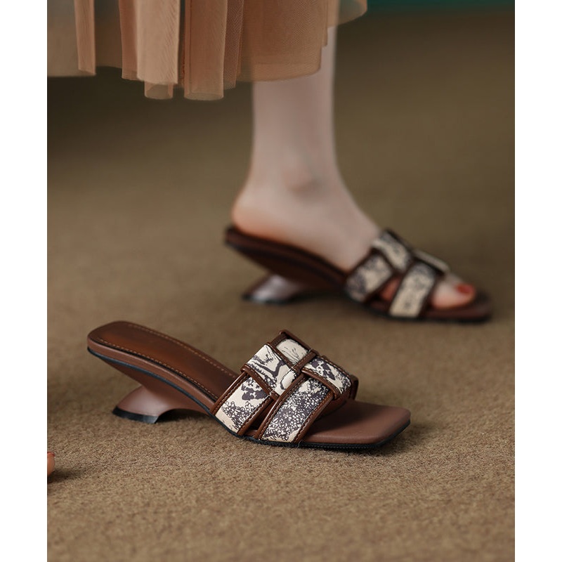 Fashion Brown Splicing Wedge Slide Sandals Peep Toe