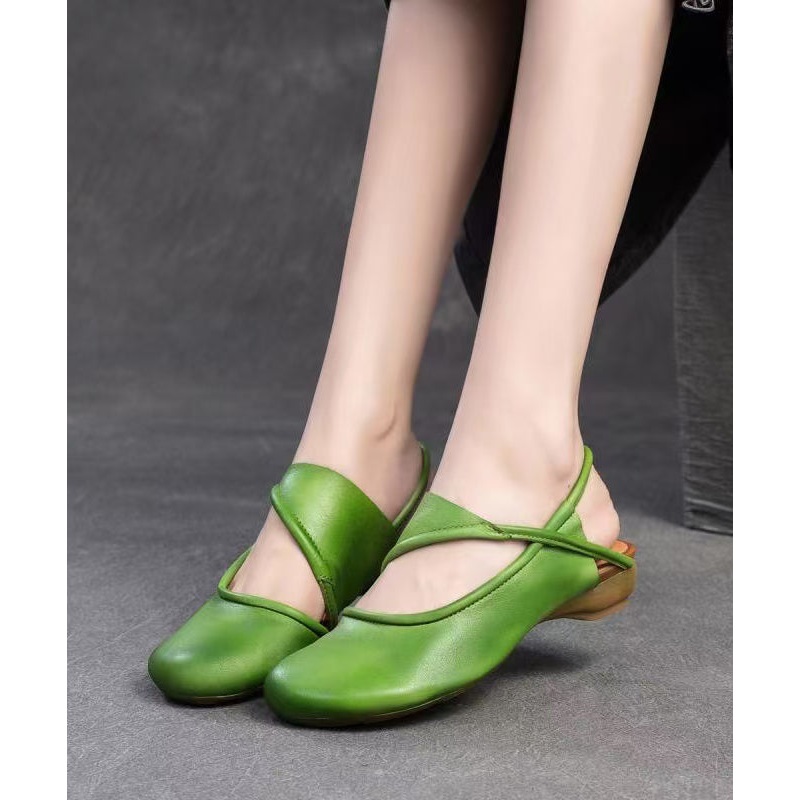 Handmade Green Cowhide Leather Splicing Hollow Out Walking Sandals