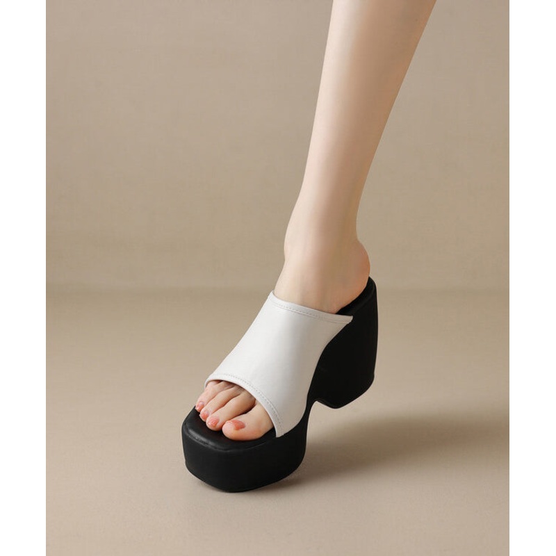 New Beige High Wedge Heels Slide Sandals Peep Toe