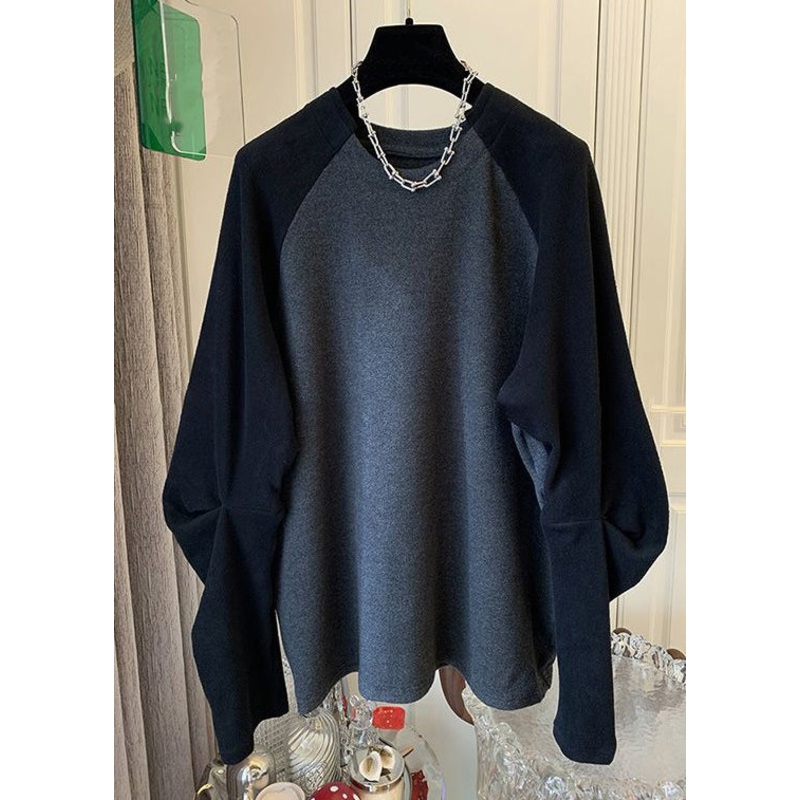 Simple Black O Neck Patchwork Cotton T Shirt Long Sleeve