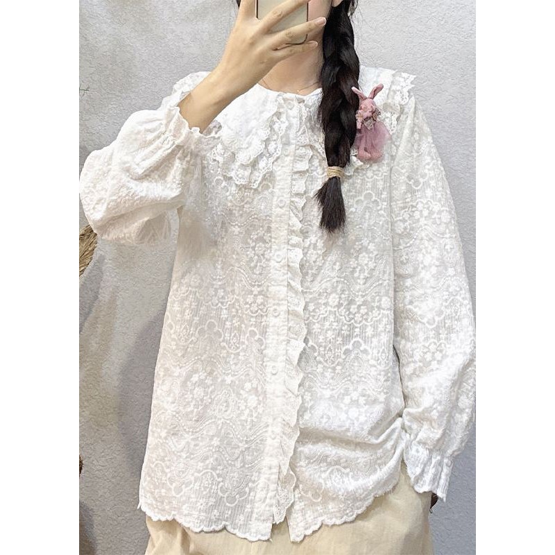 Simple White Ruffled Button Lace Shirt Long Sleeve