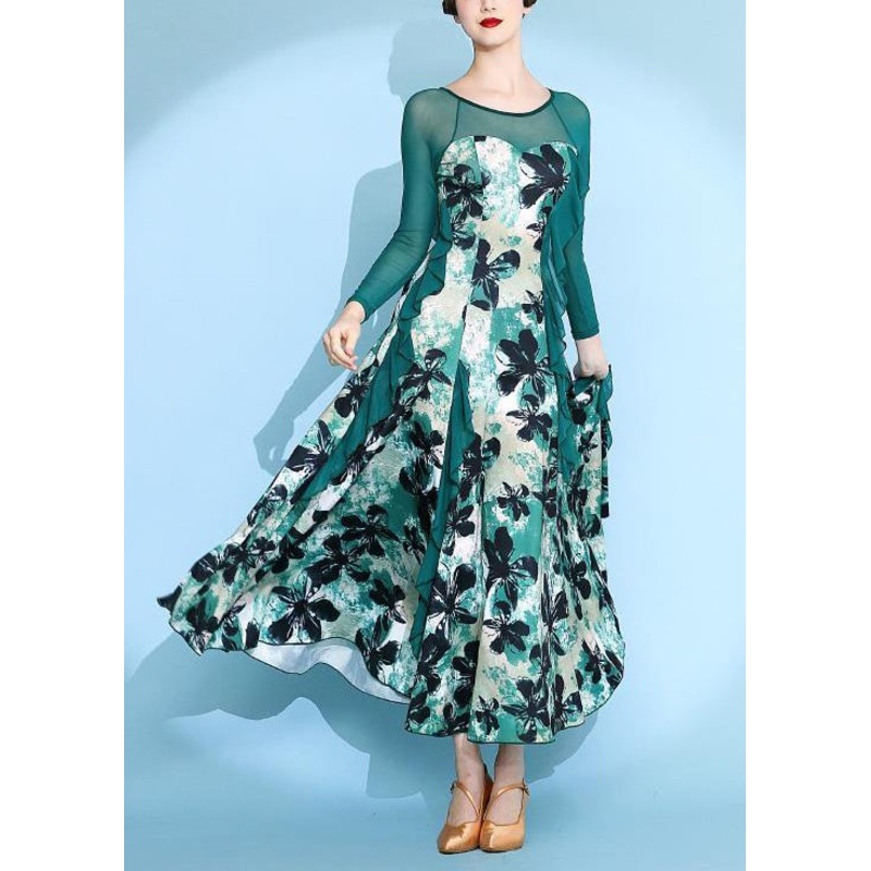 Unique Green Print Patchwork Chiffon Maxi Dresses Spring