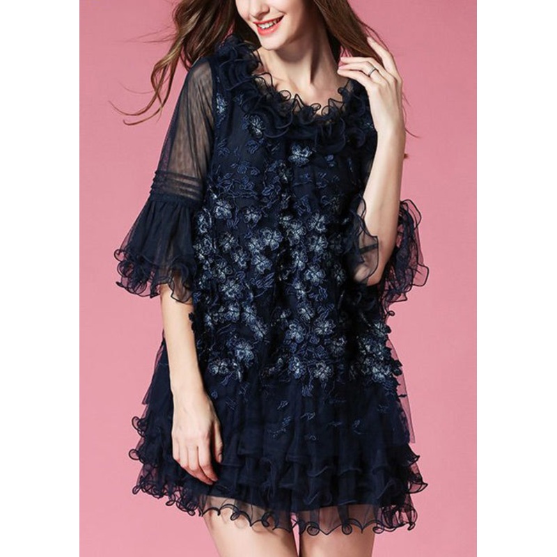 Unique Navy Ruffled Patchwork Tulle Mid Dress Half Sleeve
