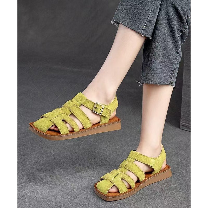 Vintage Handmade Green Cowhide Leather Flat Hollow Out Roman Sandals