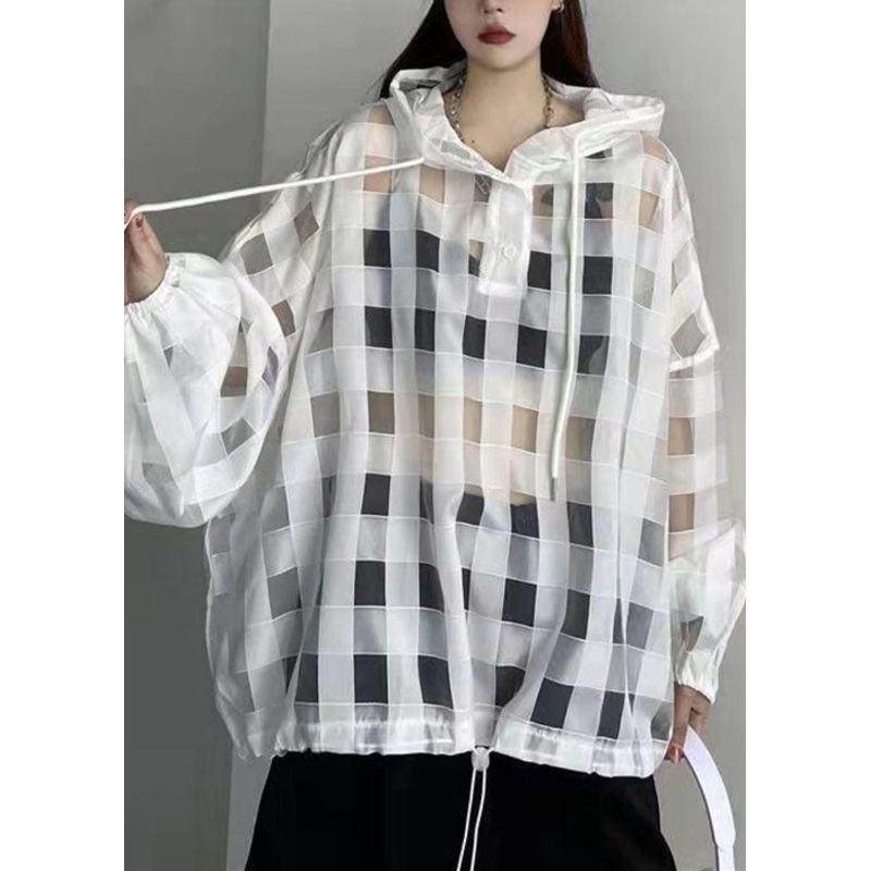 White Drawstring Patchwork Tulle Tulle Top Hooded Summer