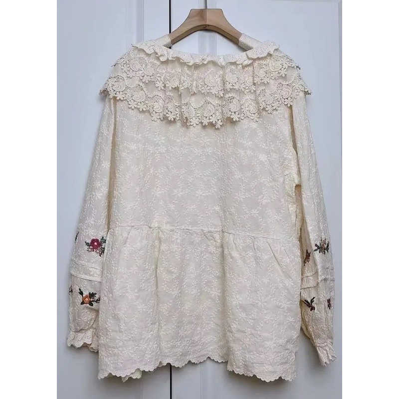 Women Beige Embroideried Lace Patchwork Cotton Shirt Spring