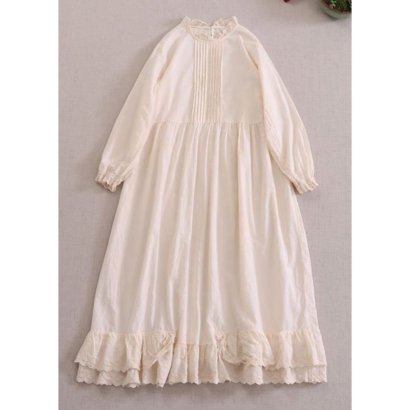 Women Beige Solid Ruffled Cotton Dresses Long Sleeve