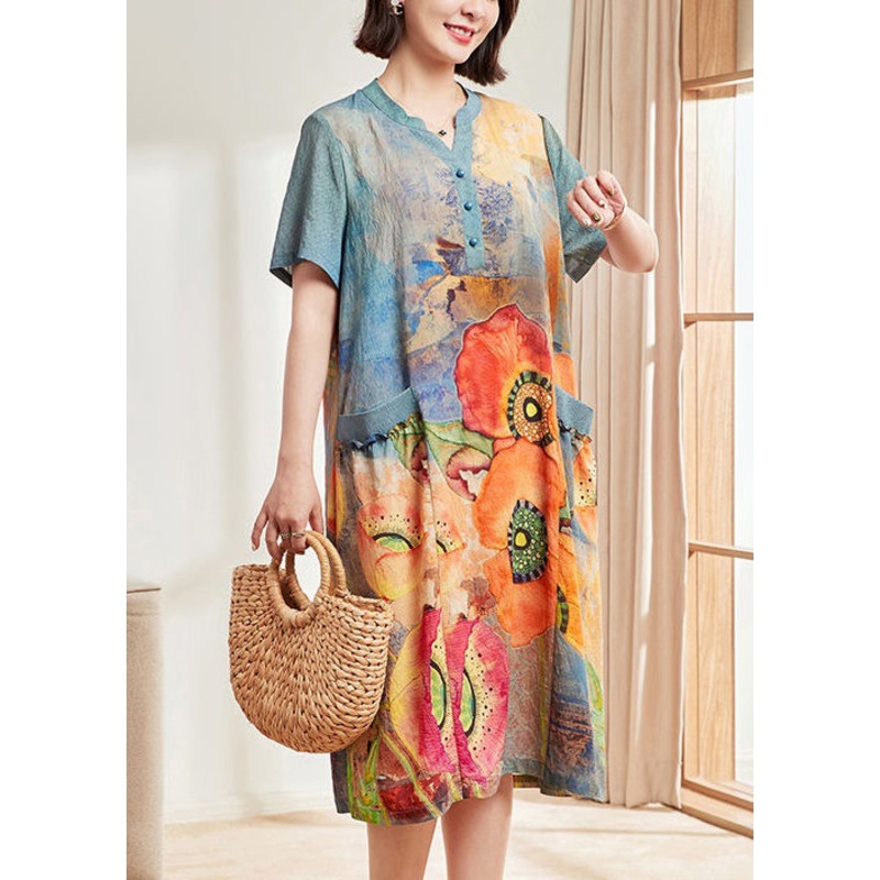 Women Blue Print Pockets Cotton Dresses Short Sleeve