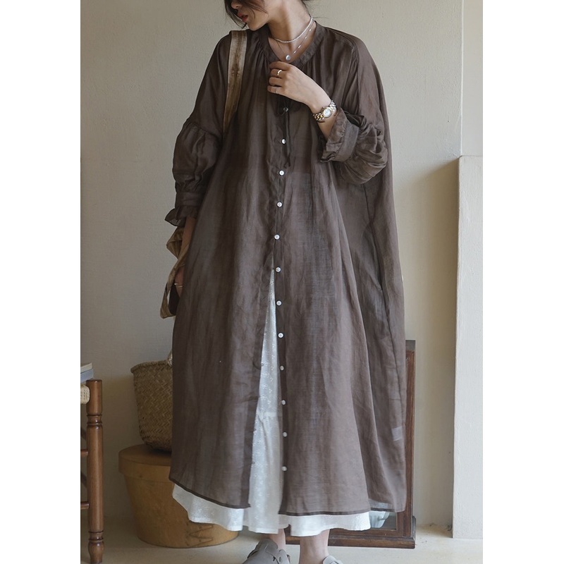 Women Coffee Ruffled Button Cotton Shirt Long Dresses Long Sleeve