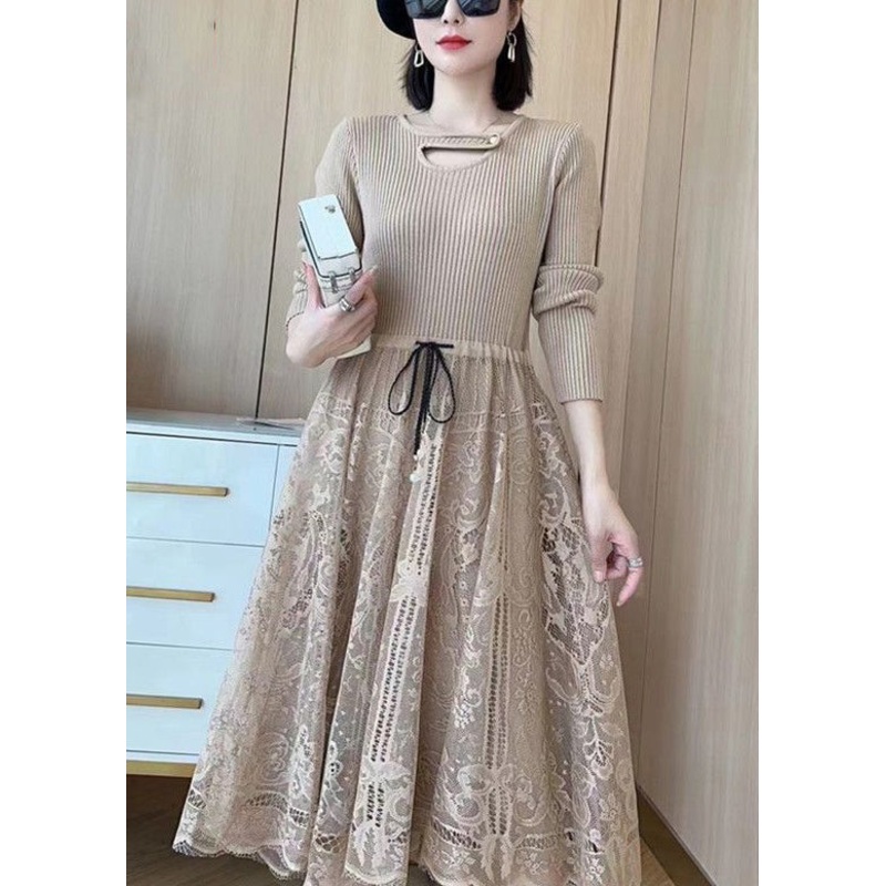 Women Khaki Tie Waist Lace Patchwork Dresses Spring