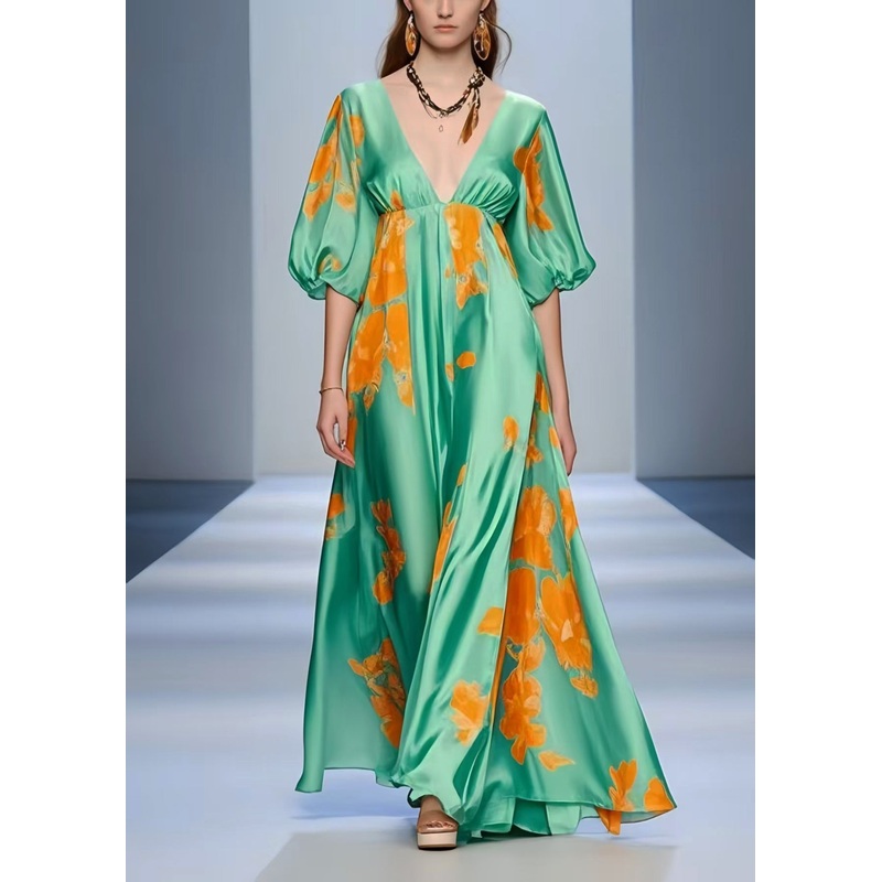 Women Lake Green V Neck Print Silk Holiday Dress Summer