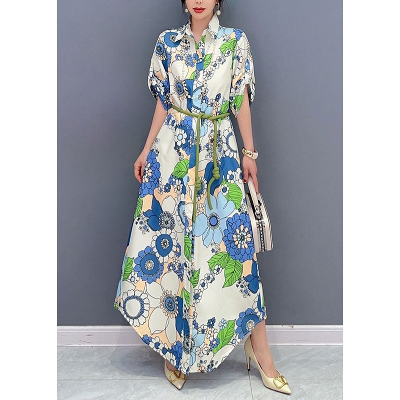 Art Blue Peter Pan Collar Print Cotton Maxi Shirts Dresses Summer