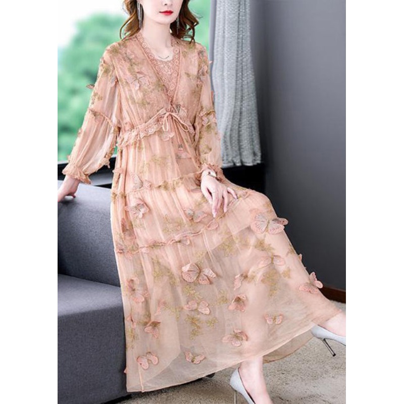 Art Pink Butterfly Lace Up Lace Patchwork Silk Long Dresses
