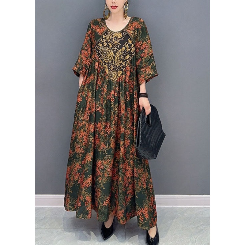 Beautiful Green O Neck Print Patchwork Cotton Maxi Dresses Spring