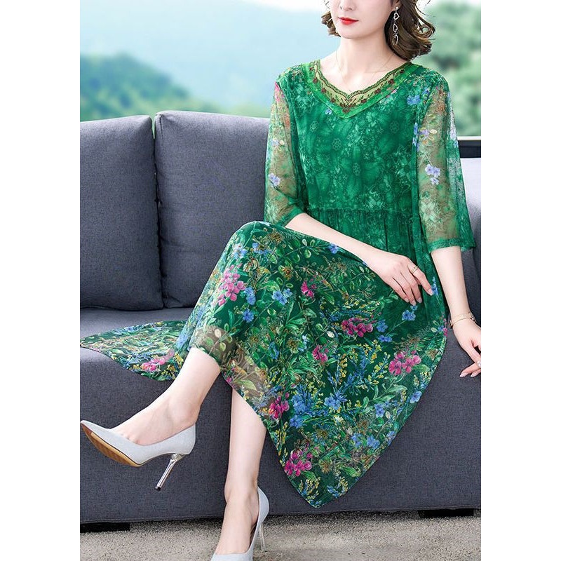 Beautiful Green Ruffled Print Tulle Dress Half Sleeve